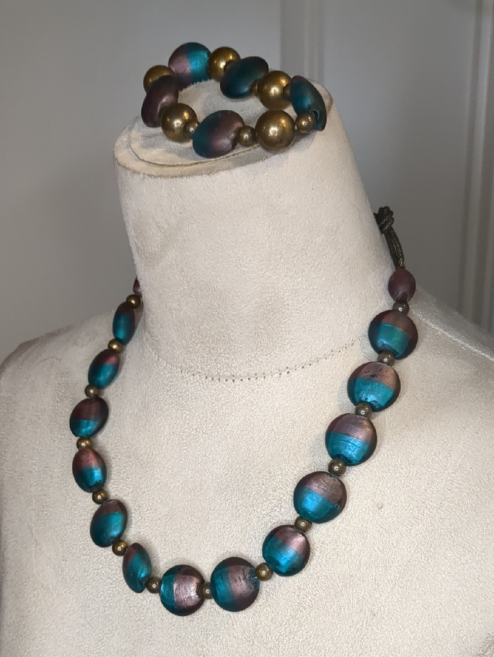 Coldwater Creek 90s Boho Glass Bead Necklace and Bracelet Set Teal Plum - Picture 2 of 13